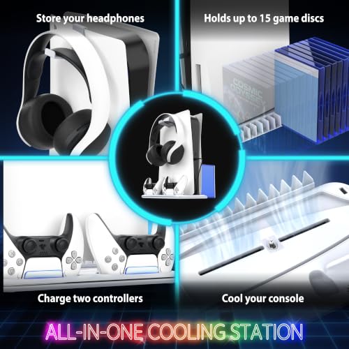 Fosmon for PS5/Slim/Pro Cooling Station and Charging Stand Vertical Controller Charger, Fan Cooler System with RGB Light,15 Game Slot, USB Port, Gaming Headset Holder for PS5 Console Accessories Kit