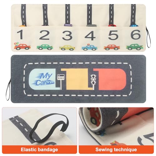 Portable Toy Car Storage Roll and Playmat - Travel Car Carrier Organizer Case for 6 Small Cars - Compatible with Hot Wheels & Matchbox, Toddler Quiet Play Activity Mat for Airplane