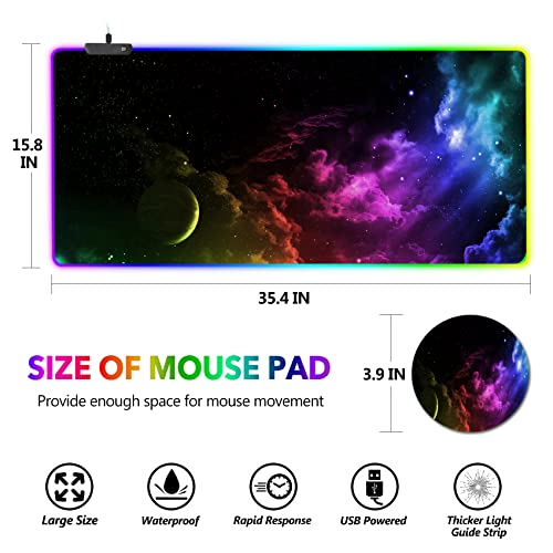 AIMSA Large RGB Gaming Mouse Pad, Keyboard Mousepad Led Extended 35.4 x 15.8 inch Non-Slip Rubber Base with 14 Lighting Modes, Big Desk Mat Waterproof, Nebula Universe - color: Nebula Universe