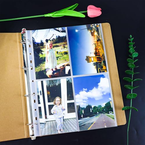 Mogoostry A4 Clear Sheet Protectors 4 Pocket Binder Sleeves 20 Sheets 11 Holes Top Open Photo Album Sleeves Photocard Collection Page Protector - color: 4-pocket Top Open