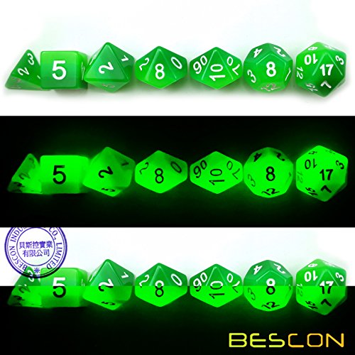 Bescon Gradient Glowing Polyhedral Dice 7pcs Set Forest Light, Gradual Luminous RPG Dice Set Glow in Dark, Novelty DND Game Dice d4 d6 d8 d10 d12 d20 d% in Brick Box - color: Forest Light