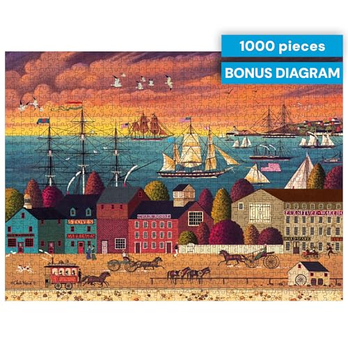 Buffalo Games - Charles Wysocki Hoopla at the Harbor - 1000 Piece Puzzle | Art by Charles Wysocki, Frameable Art, Made in USA, Recycled Board, Includes Poster, Challenging, intermediate to expert - color: Hoopla Harbor