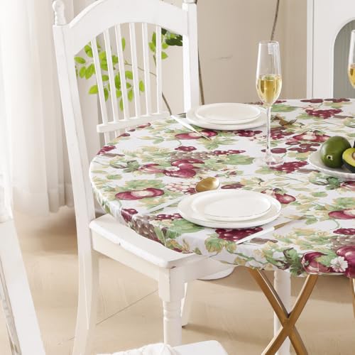 Walrus Round Vinyl Fitted Tablecloth with Flannel Backing Elastic Edge Design Table Cover Waterproof Oil-Proof PVC Table Cloth Stain-Resistant Best for 45"-56" Round - color: Fruits, size: 56" (Round)