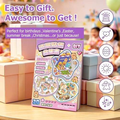 DIY 3D Scene Sticker Book, 20 Sets Sticker Scene Craft Kit with 26 Reusable PET Stickers & 2 Tweezers, Cute Kawaii Stickers Therapy for Adult Relief Stress Pass The Time, Creative Travel Toys Gift