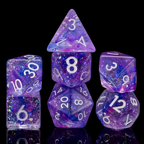 Resin D&D Dice Set, 7pcs Polyhedral Dice for Dungeons and Dragons, RPG, MTG, Role Playing Games (D4, D6, D8, D10, D12, D20, D%) Blue, Purple, Pink - color: Blue, Purple, Pink
