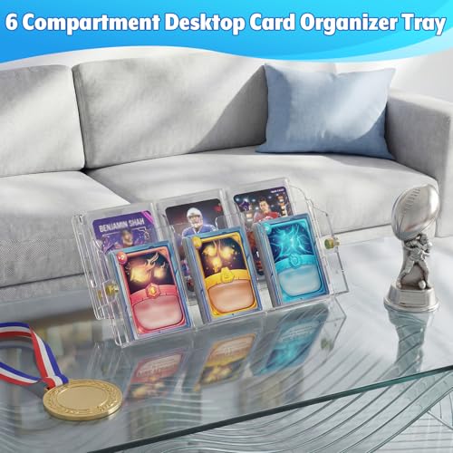 Acrylic Card Organizer Stand, 6 Compartments Card Sorting Tray Clear Cards Holder Organizer Desktop Tray Racks with Anti Slip Pad for Game, Trading, Baseball, Sports Cards