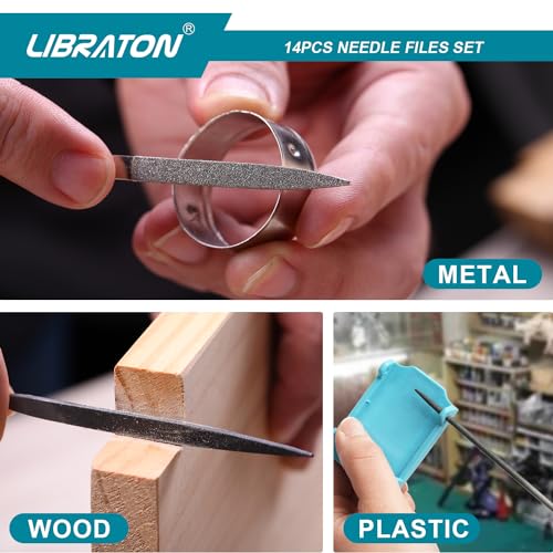 LIBRATON Needle File Set, Diamond Needle File Set, 14PCS Small File Set | 6 Diamond Files & 6 Carbon Steel Files with Wire Cutter, Steel Brush, Carry Bag, Jeweler File Tools for Soft Metal,Wood,Model - style: Needle File-14PCS