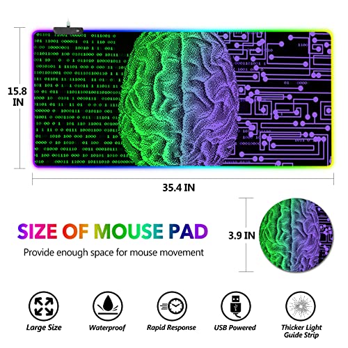 AIMSA Large Gaming Mouse Pad RGB, Keyboard Led Mousepad Extended 35.4 x 15.8 inch Non-Slip Rubber Base with 14 Lighting Modes, Big Desk Mat Waterproof, Technology Brain - color: Technology Brain