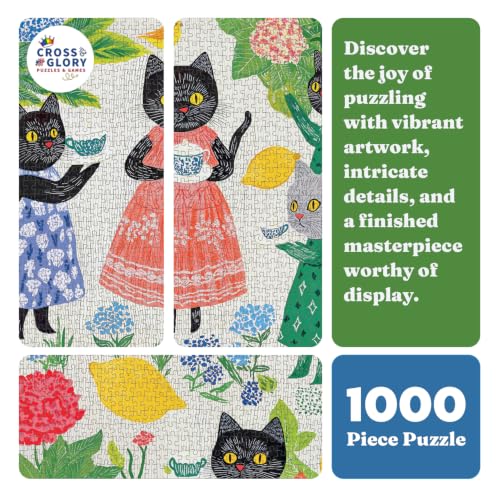 Cross & Glory | 1000 Piece Jigsaw Puzzles for Adults | The Whiskered Tea Society | Whimsical Cat Puzzles for Adults | Garden Tea Party Scene | Satin Finish Cat Puzzle | Ages 14+ - color: The Whiskered Tea Society