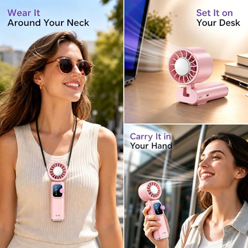 Portable Handheld Fan with Ice Cooling Personal Rechargeable Mini Neck Fan | 20000RPM,199-Speed 4000mAh Battery Powered up to 15hrs with LED Display for Travel, Camping & Outdoor, Pink - color: Pink