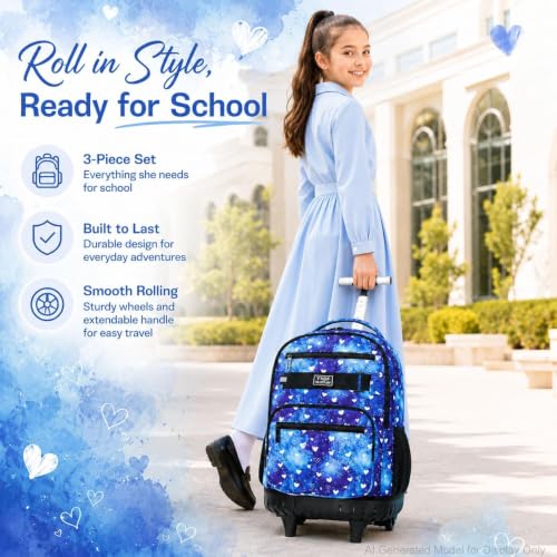 3Pcs Rolling Backpack for Girls Women, Travel Roller Backpacks with Wheels for Adults, Teens College Love Polka Dots Wheeled Bookbag with Lunch Box(Blue) - color: Blue