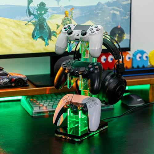 OAPRIRE Controller Holder Headset Stand with Lights, 3 Tier Acrylic Gaming Controller Stand Compatible with PS4, PS5, PC, Switch, Universal Design (Black) - color: Black, size: 3 Tier-Lights
