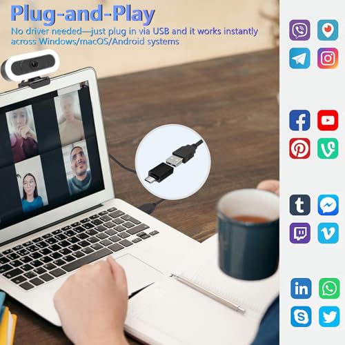 2k Webcam with Ring Light/Microphone,PC Gaming Computer Camera | PC Webcam with RGB Light/Cover/Tripod,Autofocus,65°FOV,Plug and Play USB C Web Camera for Laptop Streaming/Zoom Meeting
