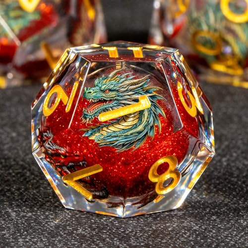 KERWELLSI Liquid Core Dragons Pattern Dice, Resin DND Dice Set with Gift Box, Red and Gold Sharp Edged Dungeons D&D Dice, Role Playing Game Dice D20 D12 D10 D8 D6 D4