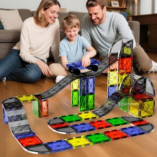 Magnetic Downhill Racer Track: 40pc Blocks Set w Car, STEM Toy 3-8 | Reinforced Tracks + Magnetic Car, STEM Montessori Toy, Safe ABS, Gift for Boys & Girls 3-8, Compatible w Major Brands - size: 40 Pieces