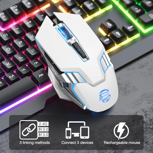 Bluetooth Wireless Gaming Mouse, RGB Rechargeable USB Wireless Mouse, Quiet Click, LED Backlit, Ergonomic, with Side Button, DPI Adjustable Computer Mice for Laptop PC MacBook Chromebook - White - color: white