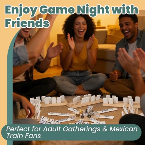 Extguds Double 12 Mexican Train Dominoes Set for Adults, Wooden Mexican Train Dominos with Solid Wood Storage Box, 91 Tiles, Hub, 8 Wooden Racks, Metal Train Markers, Scoreboard & Canvas Bag
