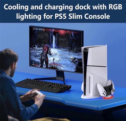 PS5 Slim Cooling Station with RGB LED Charging Dock - 3-Level Fan Cooling, Dual PS5 Controller Charger