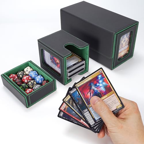 AFIING MTG Commander Card Storage Box - Fits 200 Double Sleeved Cards,3-in-1Card Deck Case,Strong Magnet Card Organizer For Magic Commander TCG CCG,4Dividers &2 Toploaders, Black/Green - color: Black Green