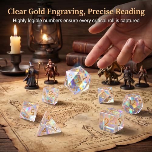 LUCKY-M Rainbow Gemstone Dice DND Dungeons and Dragons Dice Set Handmade RPG Dice D&D Accessories Gift Natural Stone Dice (Rainbow Mirror Crack) - color: 8.rainbow Mirror Crack