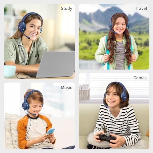 SIMOLIO Wired Headphones for School with Microphone, Stereo Kids Headphone with Flexible Swivel Boom Mic for Student K12 & Teacher & E-Learning, 3 Levels Volume Limiter Gaming Headsets for Boys, Girls