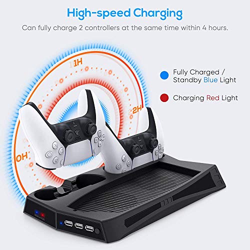 Vertical Stand Charging Station with Cooling Fan for Play Station 5 | Dual Controller Charging Station Horizontal Organizer with 3 USB Hub for Dual Sense 5& PS 5 Digital Edition