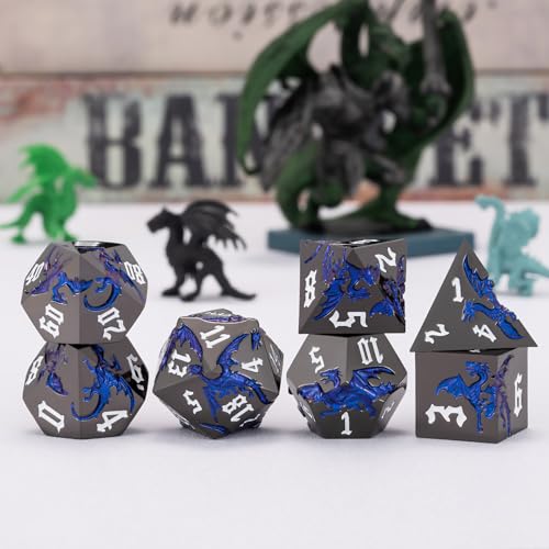 Metal D&D Dragon Dice Set,Metallic DND Polyhedral Dice for Dungeons and Dragons RPG TTRPG D&D 7-Die Set with Gift Case - color: Dragon-pearl Gun Sapphire Blue