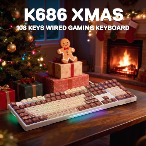 Redragon K668 108-Key Hot-Swap Wired RGB Gaming Keyboard, Extra 4 Hotkeys | Dedicated Shortcut Keys for Mute, Calc & Desktop, Cushioned Noise Dampening for Creamy Thocky Sound, Swap-Ready, PRO Software - color: Gingerbread Man