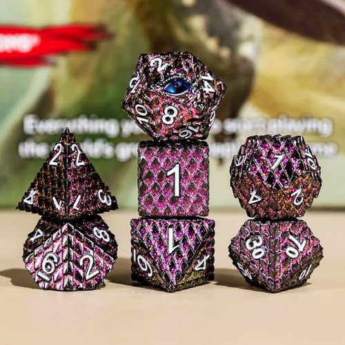 Metal Dice Set D&D,7 PCS Dragon Scale Metallic DND Dice Set,Dragon Eye Metal Dice with Grogeous Gift Case for Dungeons and Dragon Tabletop Game (Glitter Purple Dragon Scale & Blue Eye) - color: Glitter Purple Dragon Scale & Blue Eye