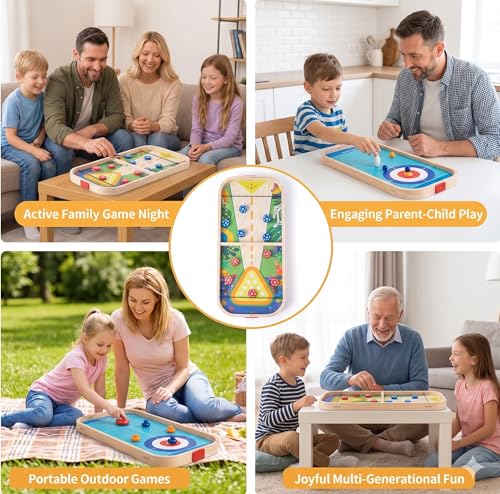 3-in-1 Wooden Tabletop Board Game - Portable Curling, Slingshot & Bowling Set for Kids & Family - Educational Montessori Toy, Screen-Free Indoor Fun, for Boys Girls Ages 3+
