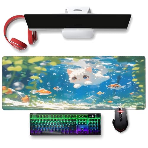 XXL Gaming Mouse Pad 35.4x15.7 inch, Cute Kawaii Cat Landscape Theme Desk Mat,Large Water Swimming Fish Scene Mousepad (Water Kawaii Cat) - color: Water Kawaii Cat