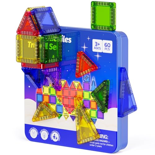 Mini Magnetic Tiles Travel Kit: 60Pcs Airplane Activities & Road Trip Toys | Visual Storage Box & Metal Play Base - Portable STEM Sensory Building Blocks for Toddlers & Kids Ages 3-8 - style: Mini Magnetic Tiles Travel Construction Set - 60PCS