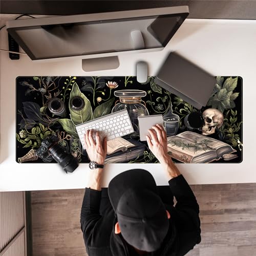 Dark Academia Desk Mat Mouse Pad XL Extended Large Gaming Desk Pad Mousepad, Mystical Green Plant Computer Laptop Keyboard and Mouse Mat, Desktop Protector Mat for Women Girl Office 31.5x11.8 in - color: Dark Academia