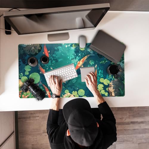 Koi Fish Desk Mat Gaming Koi Pond Desk Pad Large Cute Mouse Pad, Goldfish Mouse Mat XXL Laptop Keyboard Pad, Blue Waters Gamer Mouse Pad Full Mousepads Cool Office Accessories 31.5"x15.7" - color: DL-Lnk Wash Lotus Pond