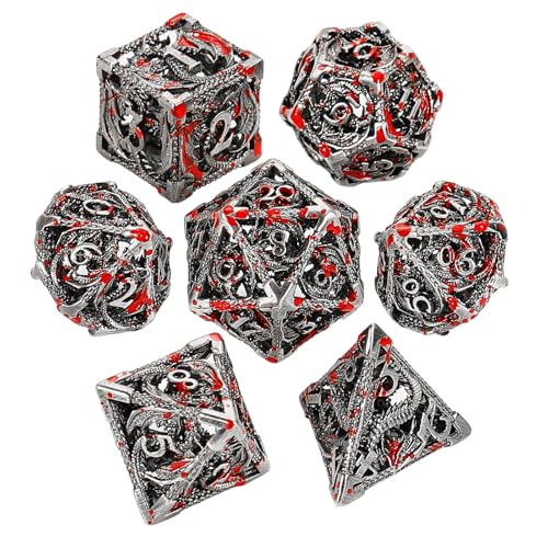 MoKo Dragon Hollow Metal DND Dice Set, Red+Silver | 7 Pcs Polyhedral, D20 D12 D10 D8 D6 D4, For Dungeons and Dragons RPG Games, With Gift Box - color: 4 - Red+sliver