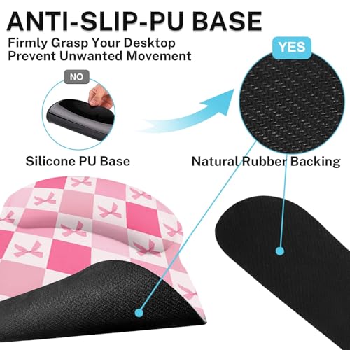 Ergonomic Mouse Pad Set with Wrist Rest, Pink Bow | Checkered Kawaii Non-Slip Rubber Base Wrist Cushion Support and Coasters Mousepad with Wrist Support for Computer Keyboard - color: Pink Retro