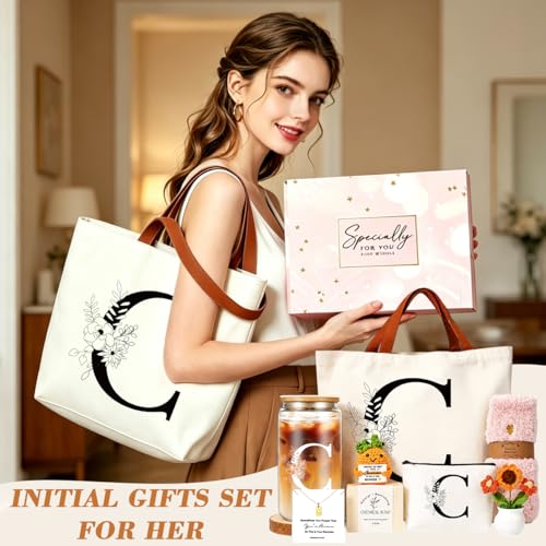 DHQH Birthday Gifts for Women, Monogrammed Gifts Box Included 16 oz Initial Glass Drinking Cup,Canvas Tote Bag, Personalized Iced Coffee Tumbler Gift for Women Her Mom Teacher Friends Sister, C - color: letter-cup-c