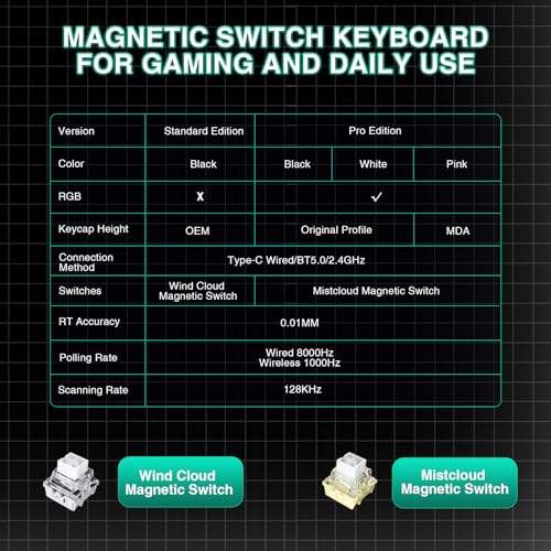Aula MINI60 HE Wireless Gaming Keyboard 60%,Hall Effect Rapid Trigger Magnetic Keyboard,8000Hz Polling,Tri-Mode(BT5.0/2.4GHz/USB-C),Hot Swappable Compact Mechanical Keyboard for Gamer(Black) - color: Black