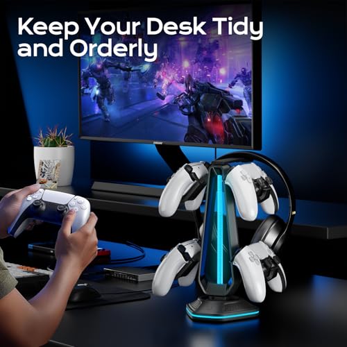 Saitake RGB Controller Stand, Gaming Controller Holder with 9 Light Modes, 2 USB Charging Ports, Headset Stand, Desk Organizer for Xbox PS5 PS4 Switch PC, 4 Controllers & 1 Headphone (Black) - color: Black