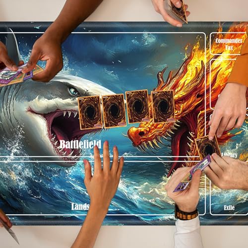 MTG Playmat with Zones, TCG Card Game Play Mat with Stitched Edges, Non-Slip Rubber Base Gaming Desk Mat, Smooth Surface 24 x 14 Inch, Dragon and White Shark - color: Dragon and White Shark, size: Zone 1