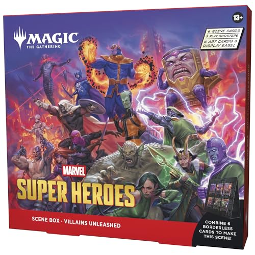 Magic: The Gathering | Marvel Super Heroes Scene Box - Villains Unleashed | 6 Foil Borderless Scene Cards, 6 Art Cards, 3 Play Boosters + Display Easel