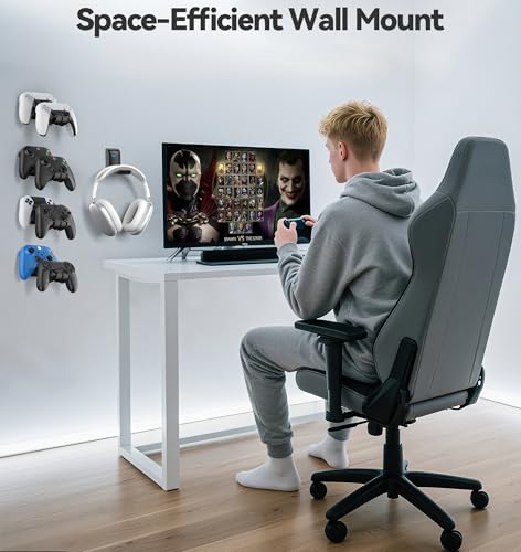 Gaming Accessories Controller & Headphone Stand, Wall Mount Holder for 4 Remotes & Foldable Headset Stand, Universal Wall-friendly Game Controller Holder Hanger Hook for Xbox, PS5/4, Nintendo, Black