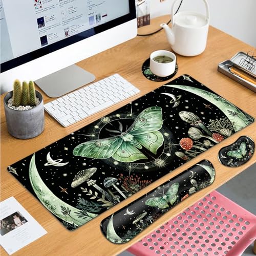 Large Gaming Mouse Pad+ Keyboard Wrist Rest Set, Ergonomics Memory Foam Mouse Mat Wrist Rest Support for Home Office, Waterproof Extended Mousepad 31.5x11.8in, Green Moth Mushroom Black Desk Pad - color: Yvb-mousepad-9-f-159