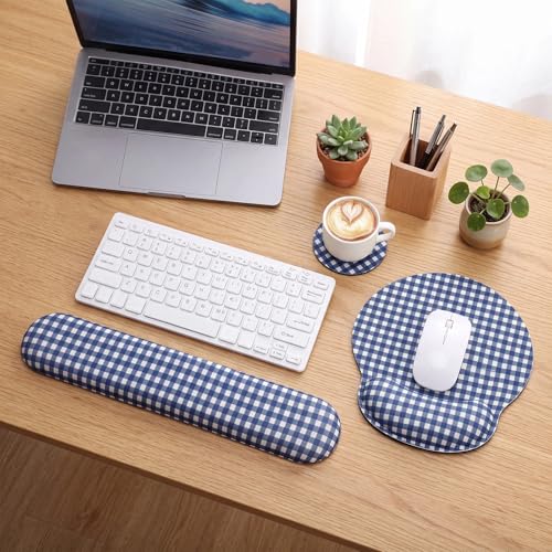 Tellegloww Wrist Rest Support for Mouse Pad&Keyboard Set, Navy Blue Gingham Checkered Circle Curved Ergonomic Mousepad&Coaster Non-Slip Base Design for Office Home Laptop Desktop Computer Keyboard - color: Navy Blue