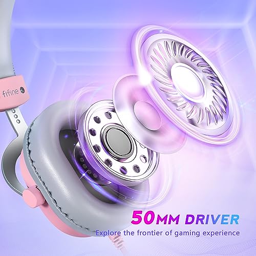 FIFINE USB Gaming Headset, PC Over-Ear Wired Streaming Headset with 3.5mm Jack, Detachable Microphone, 7.1 Surround Sound, Control Box, Passive Noise Cancellation, for PS5/Xbox/Switch-H9 Pink - color: Pink