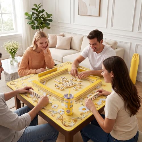 Yellow Mahjong Mat for Table & 50PCS Stickers| Carrying Bag, Heavy Floral Mahjong Mats&2 Dices, Noise Reduction Non Slip Foldable, 31.5x31.5 Game Table Cover, for Playing Card, Board Tile Games - color: Yellow