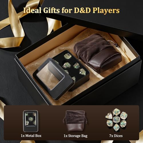 MoKo Resin DND Dice Set, 7PCS Sharp Edge Polyhedral, Amber | Gold Numbers, D&D RPG Tabletop Games, Gift Box Storage Bag, D20 D12 D10 D8 D6 D4 D% - color: 3 - Amber