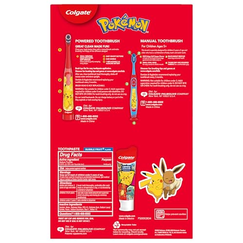 Colgate Kids Pokemon Toothbrush and Kids Toothpaste Gift Set, Includes Pokemon-Themed Battery Toothbrush, 2 Bubblegum Flavored Fluoride Toothpastes, and 2 Manual Toothbrushes - style: Pokemon