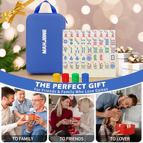 Jolitac American Mahjong Game Set, 166 Premium Tiles, Mahjong Tile Set with Sturdy Carrying Bag, Include Chips & Dice – Portable Travel Complete Mahjong Set for Adults & Beginners - color: Blue