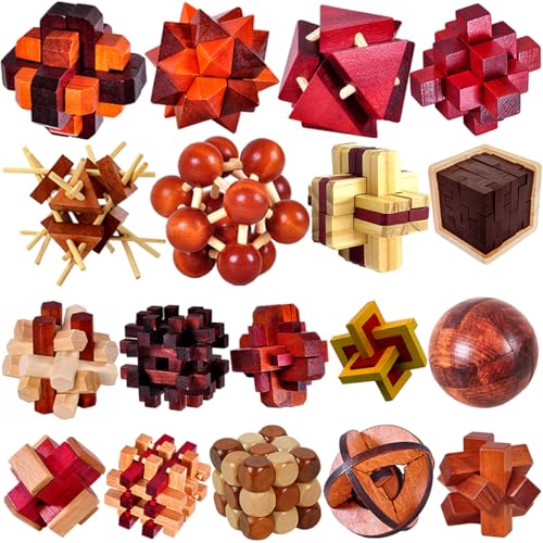 18 Pack Large Wooden Brain Teaser Puzzles Wooden Burr Puzzles Brain Teaser Puzzle with Gift Packing Box Magic Puzzle Games Toys Stocking Stuffers Party Favors for Kids and Adults (Classical Wood) - style: Classical Wood